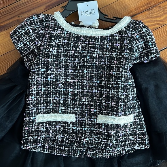 Girl's Badgley Mishka Chic Black Tweed 2-Piece Set with Tulle Skirt & Handbag 6X - Picture 3 of 9